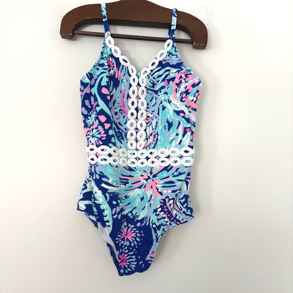 Lilly Pulitzer Girls One Piece Swimsuit 2T Blue Pink Floral Swimwear Beach - Picture 1 of 10